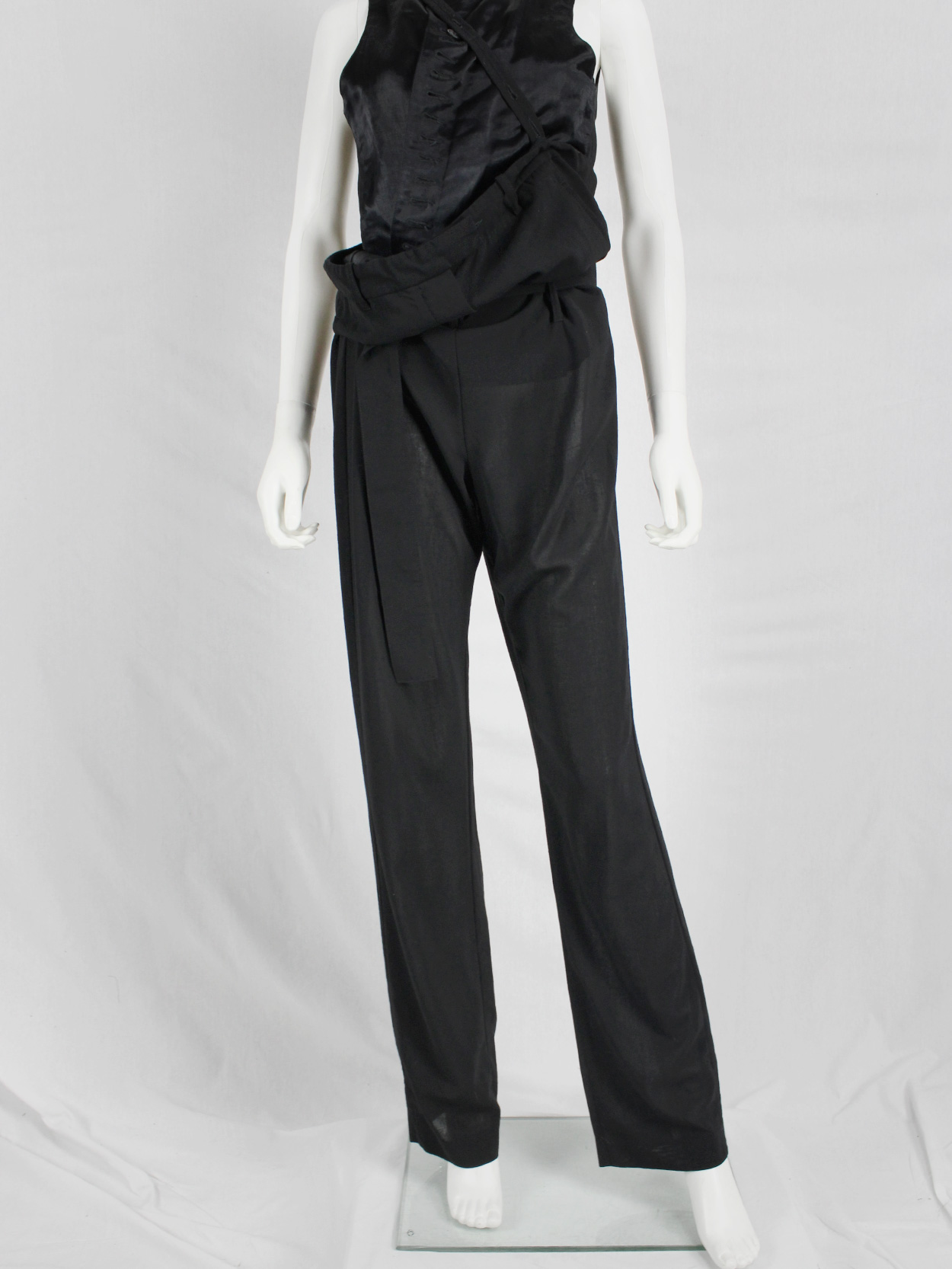 Ann Demeulemeester black draped trousers with strap or jumpsuit ...