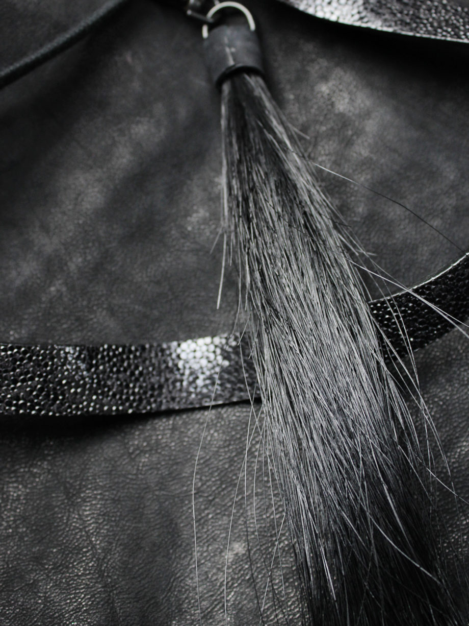 vaniitas vintage Ann Demeulemeester black leather shoulder bag with extra long horsehair tassel 4926
