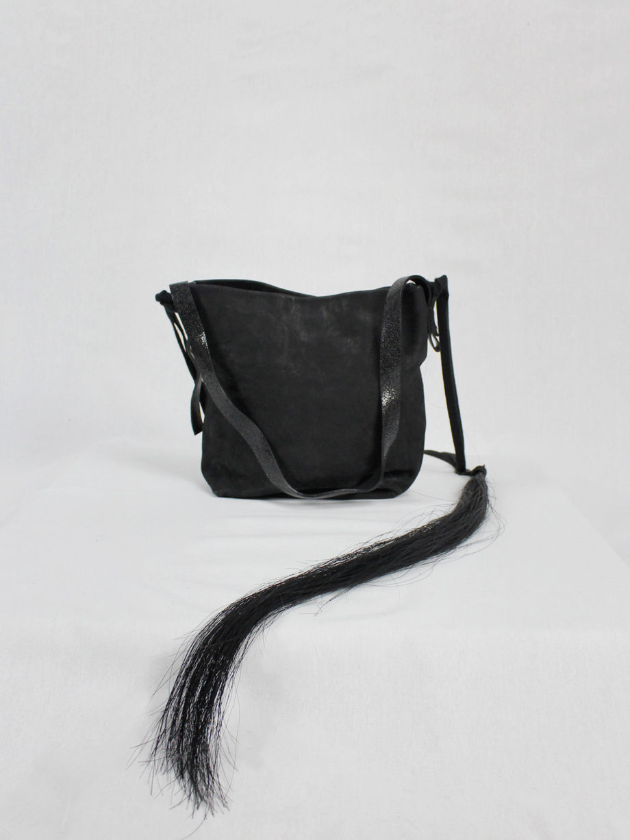 vaniitas vintage Ann Demeulemeester black leather shoulder bag with extra long horsehair tassel 4958