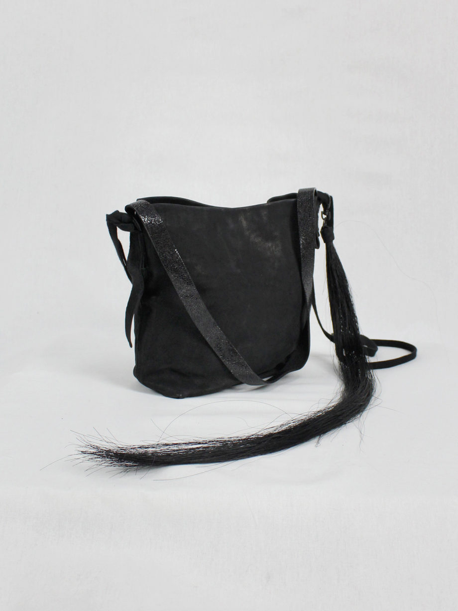 vaniitas vintage Ann Demeulemeester black leather shoulder bag with extra long horsehair tassel 4998