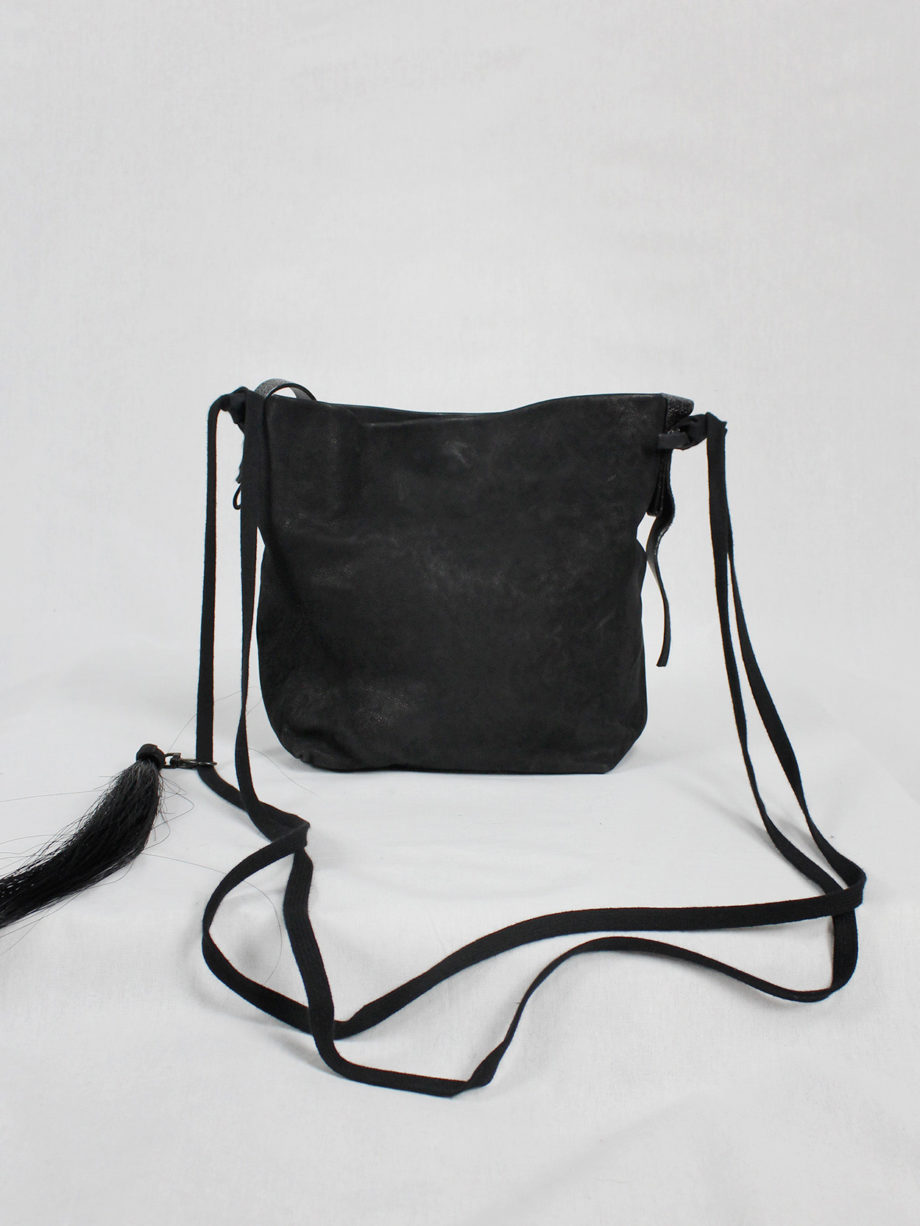 vaniitas vintage Ann Demeulemeester black leather shoulder bag with extra long horsehair tassel 5002