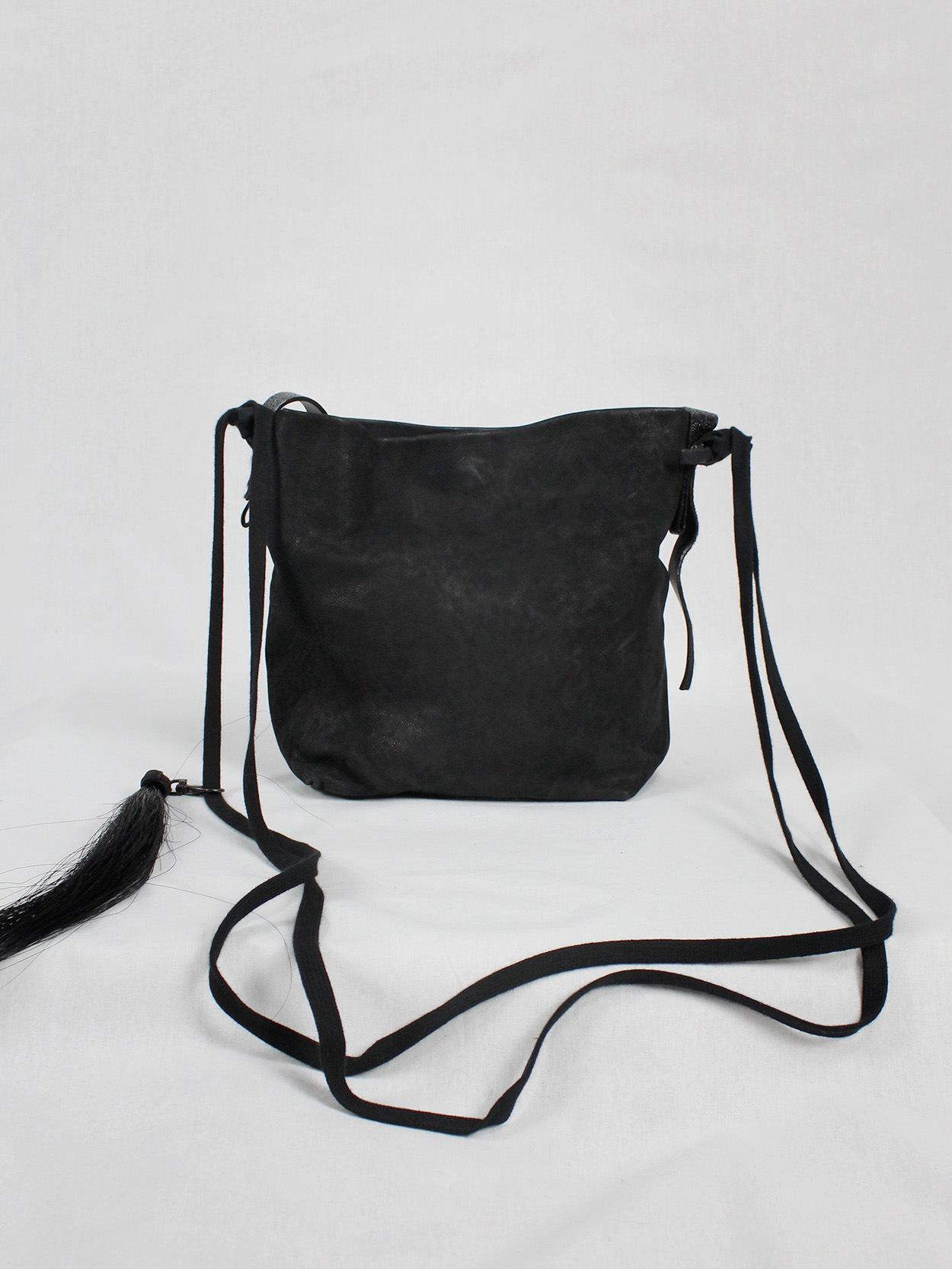 Ann Demeulemeester black leather shoulder bag with extra long horsehair ...
