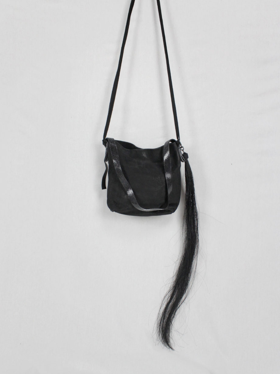 vaniitas vintage Ann Demeulemeester black leather shoulder bag with extra long horsehair tassel 5017