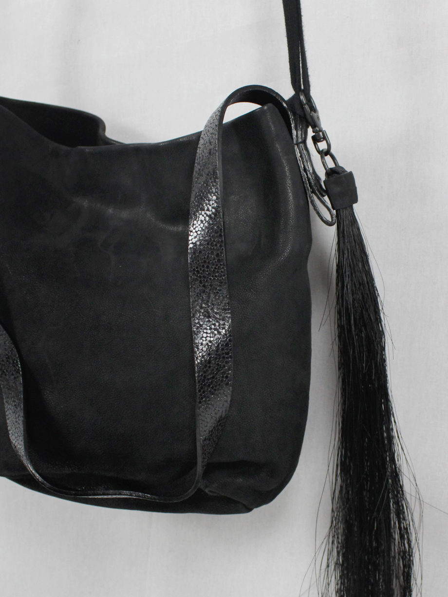 vaniitas vintage Ann Demeulemeester black leather shoulder bag with extra long horsehair tassel 5028