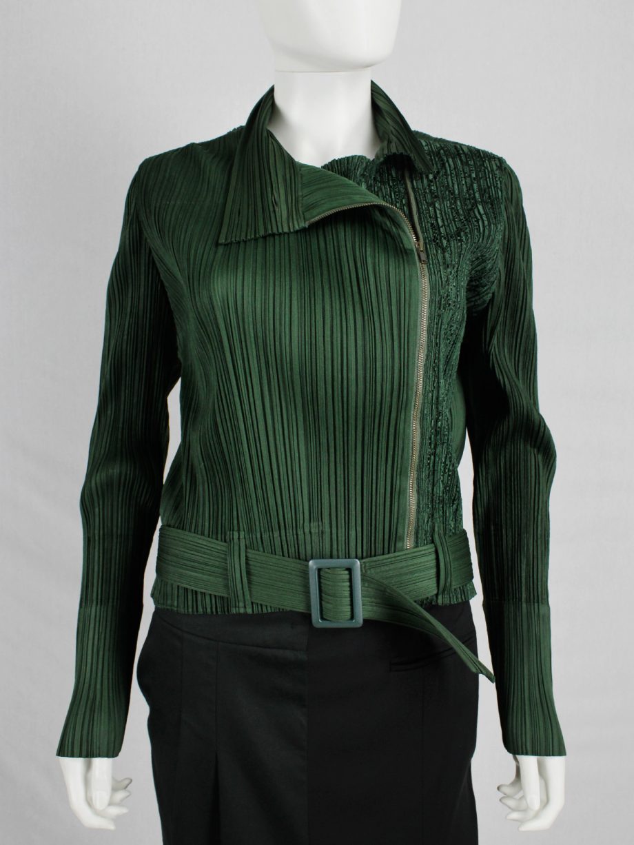 vaniitas vintage Issey Miyake Pleats Please green biker jacket with filigree panel 2086