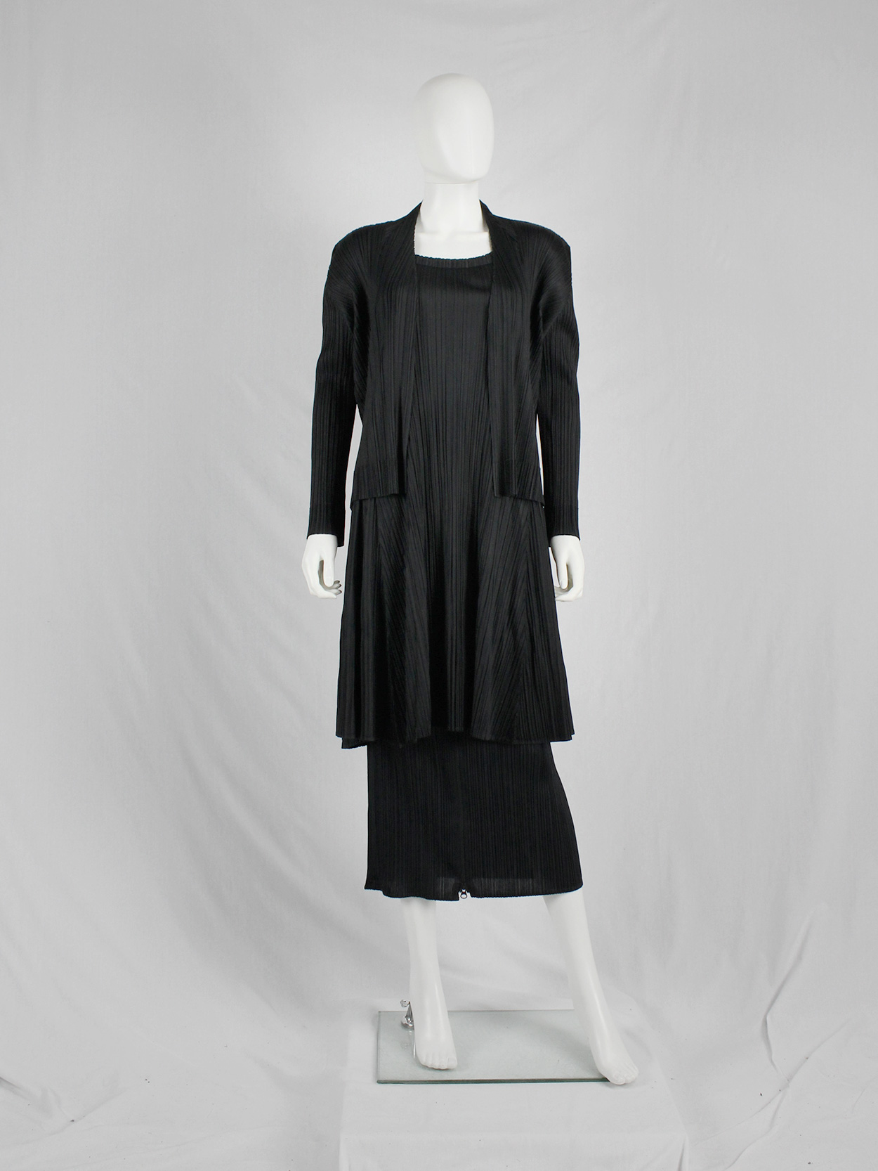 Issey Miyake Pleats Please black open cardigan with folded hems | V A N ...