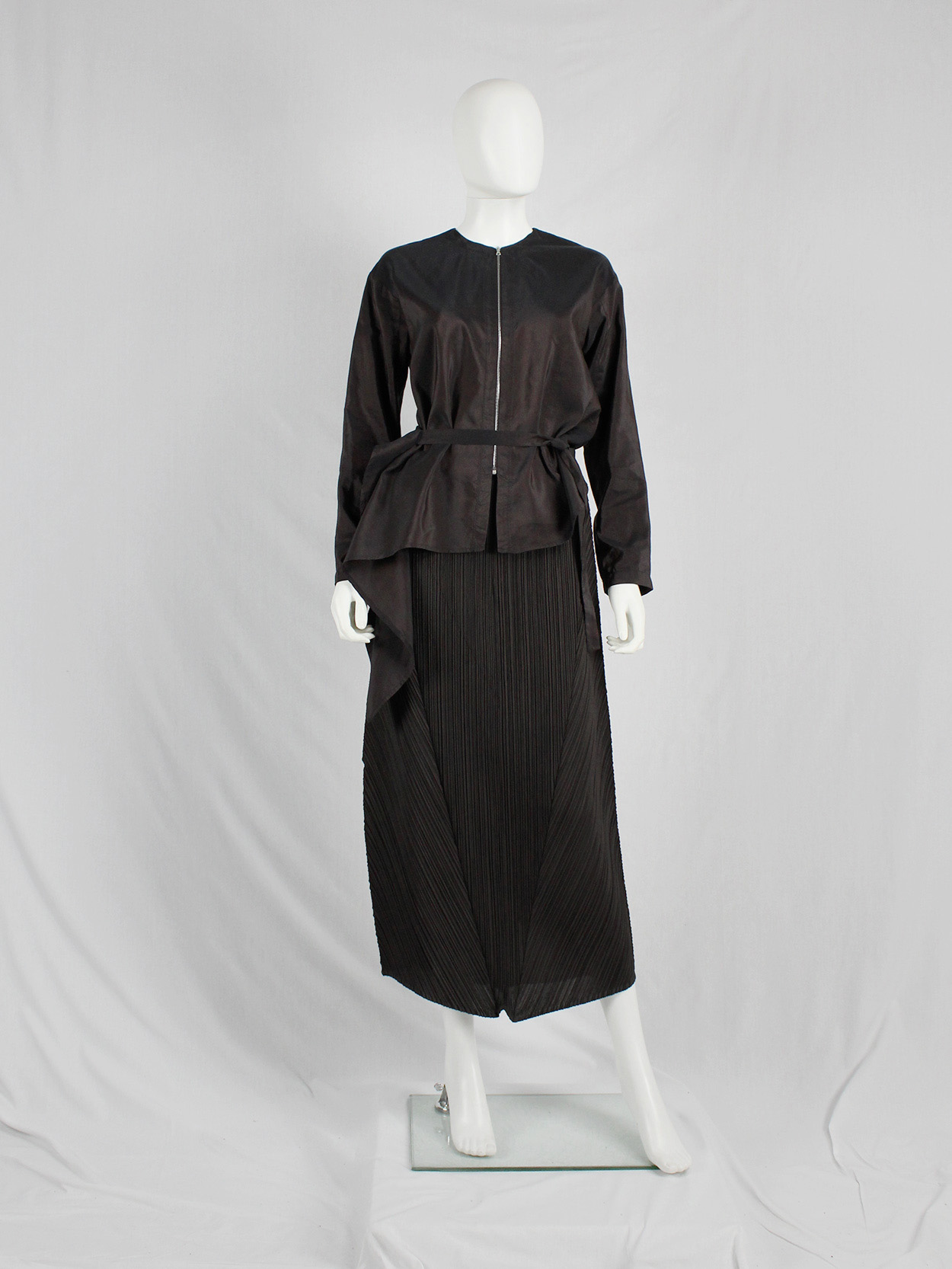 Issey Miyake Pleats Please brown curved skirt with triangular panels ...