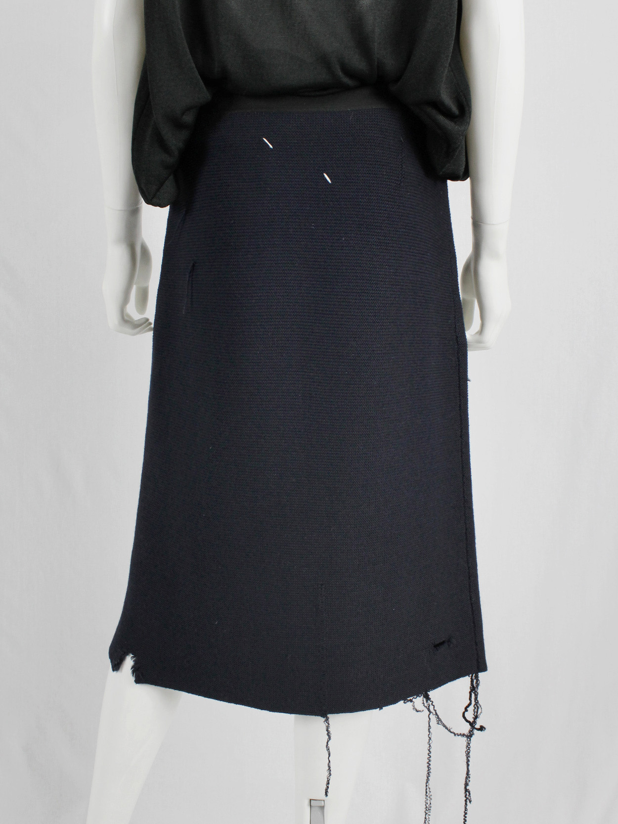 vaniitas Maison Martin Margiela blue destroyed skirt with holes and loose threads fall 2000 5155
