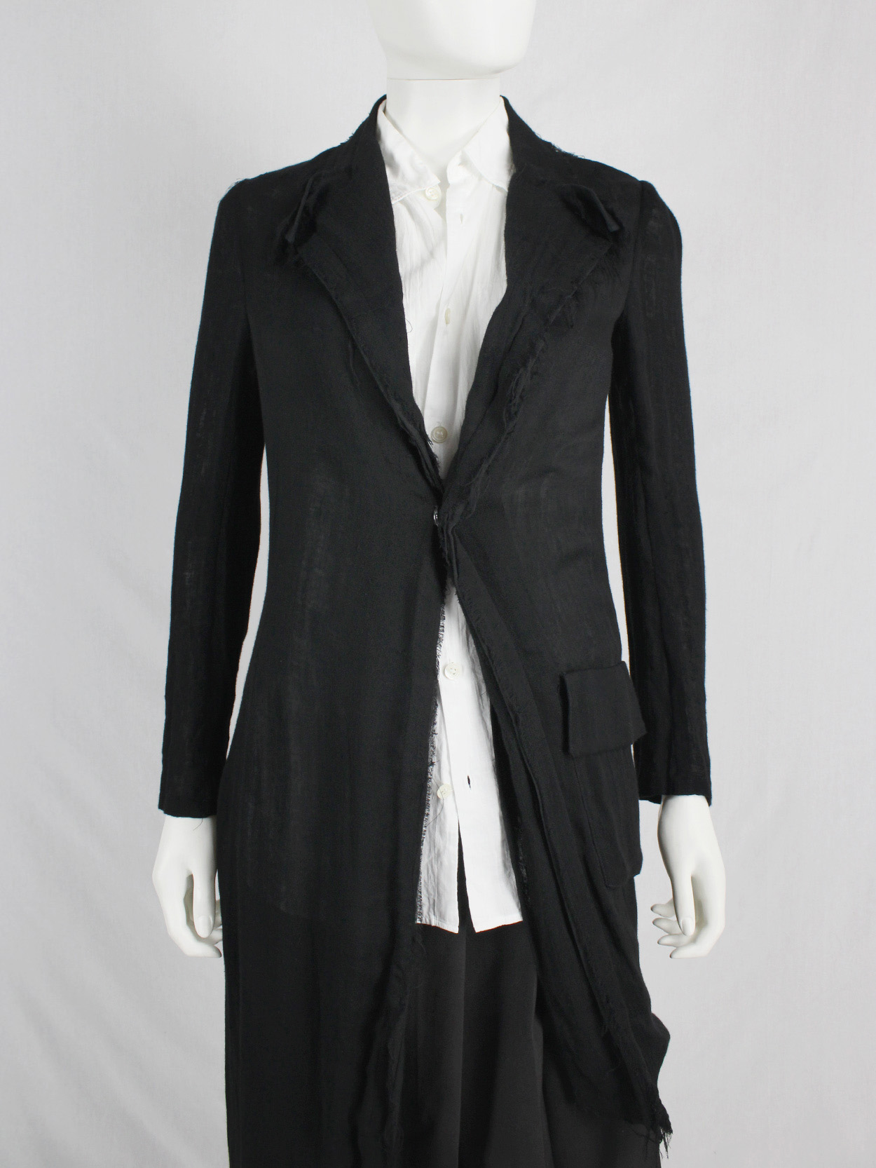 vaniitas Yohji Yamamoto long black asymmetric blazer with frayed finish 0526