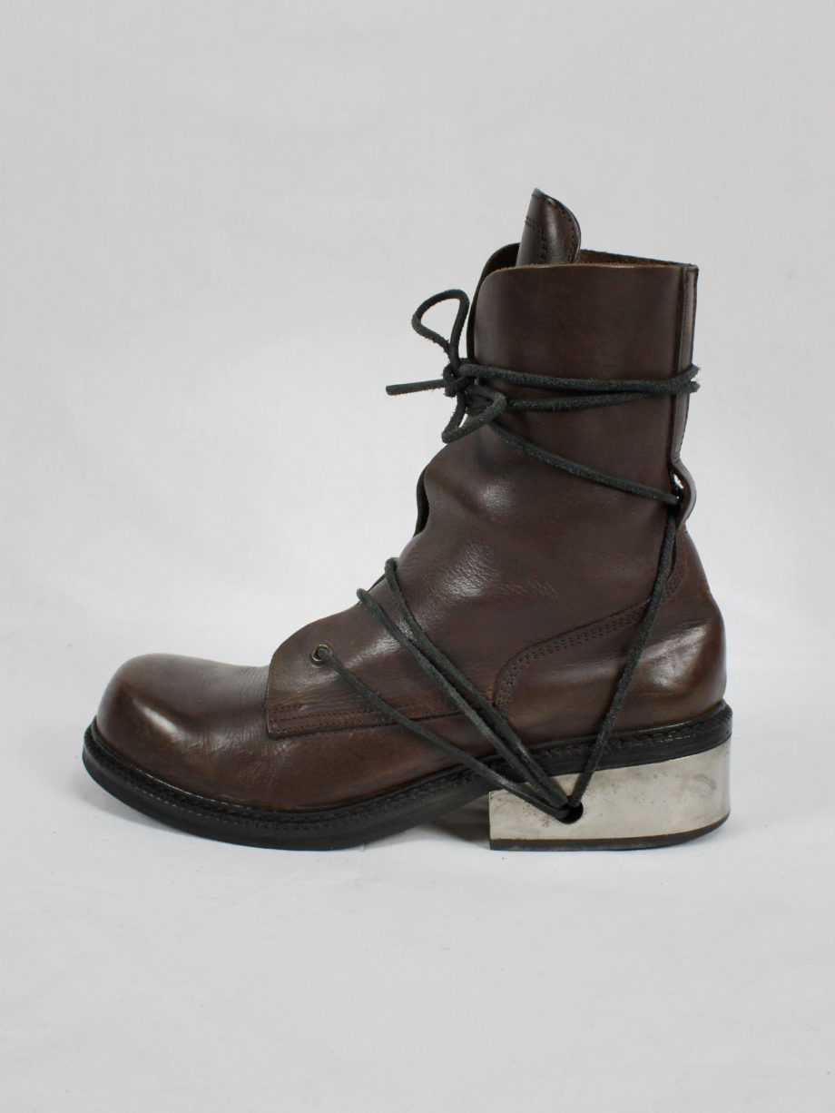 vaniitas vintage Dirk Bikkembergs brown tall boots with laces through the metal heel mid 1990S 90s 7622