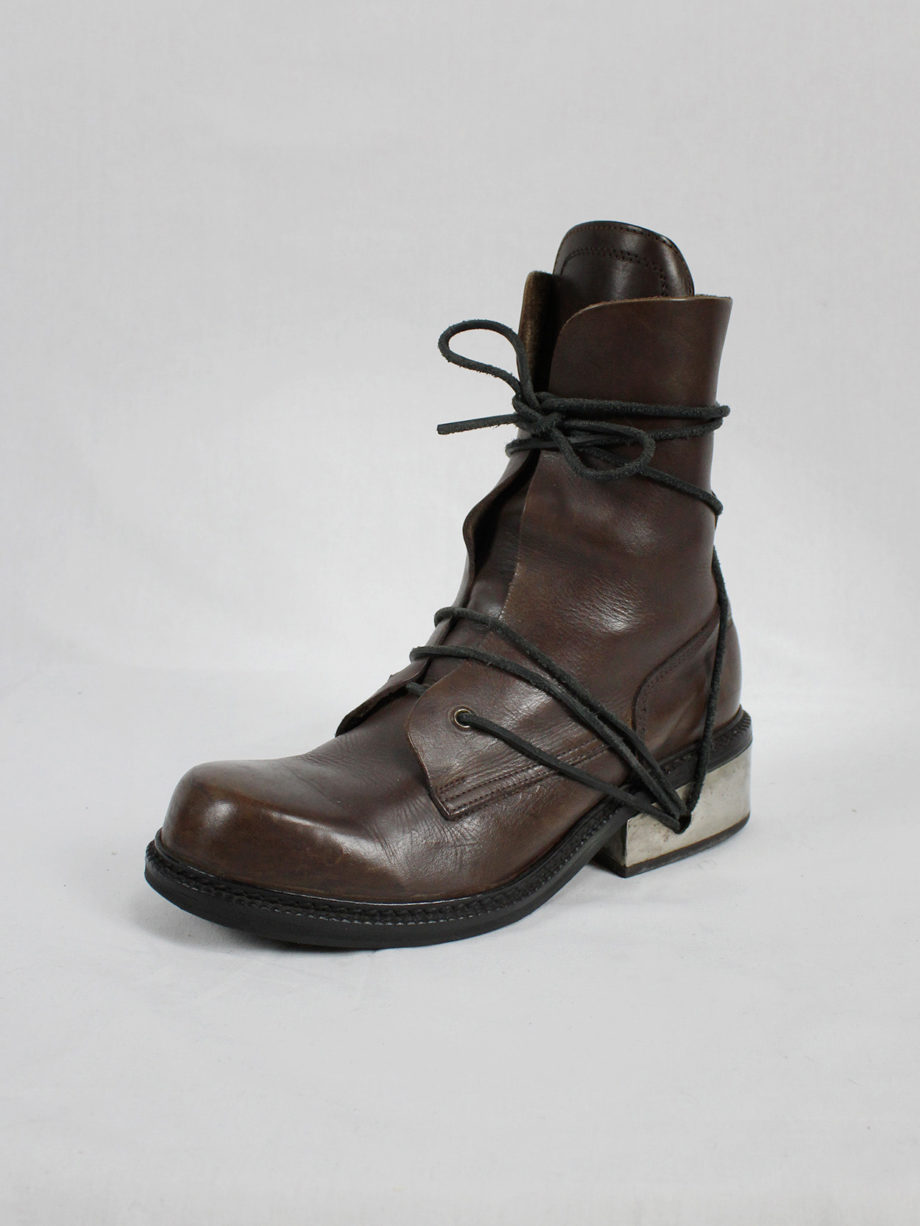 vaniitas vintage Dirk Bikkembergs brown tall boots with laces through the metal heel mid 1990S 90s 7626