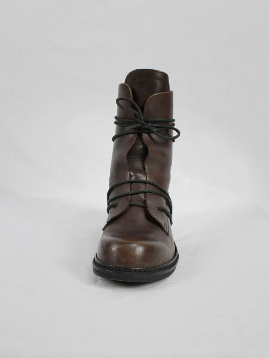 vaniitas vintage Dirk Bikkembergs brown tall boots with laces through the metal heel mid 1990S 90s 7630