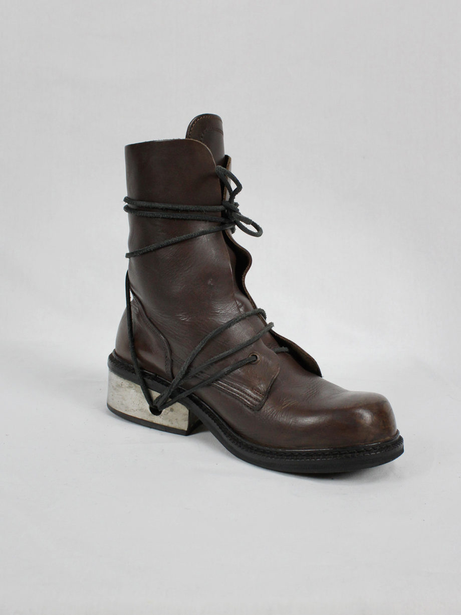 vaniitas vintage Dirk Bikkembergs brown tall boots with laces through the metal heel mid 1990S 90s 7636