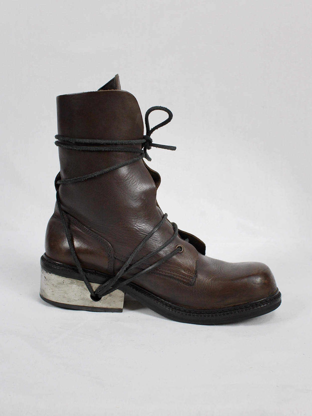 vaniitas vintage Dirk Bikkembergs brown tall boots with laces through the metal heel mid 1990S 90s 7640
