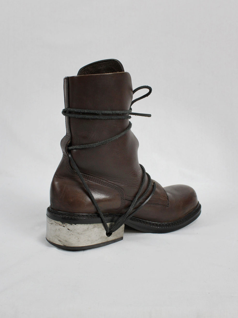 vaniitas vintage Dirk Bikkembergs brown tall boots with laces through the metal heel mid 1990S 90s 7643