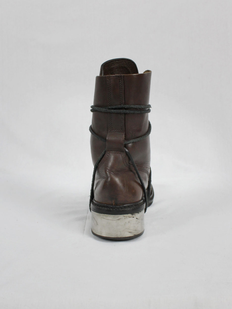 vaniitas vintage Dirk Bikkembergs brown tall boots with laces through the metal heel mid 1990S 90s 7647