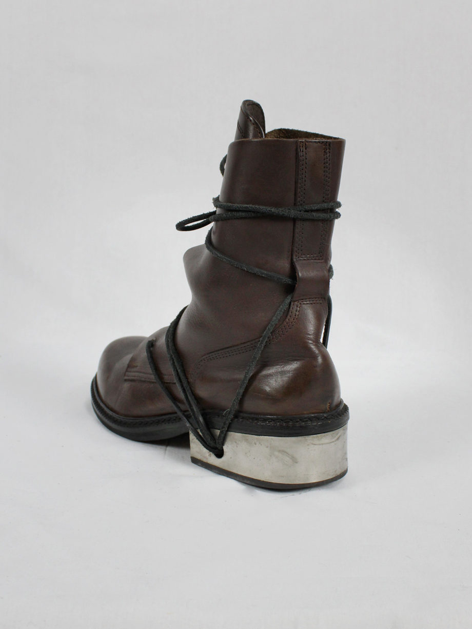 vaniitas vintage Dirk Bikkembergs brown tall boots with laces through the metal heel mid 1990S 90s 7651