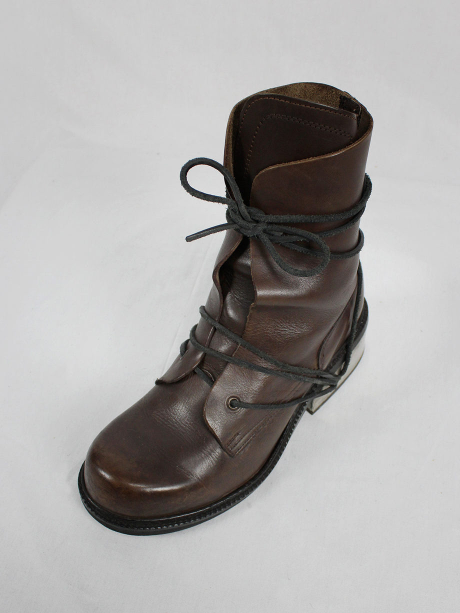 vaniitas vintage Dirk Bikkembergs brown tall boots with laces through the metal heel mid 1990S 90s 7657