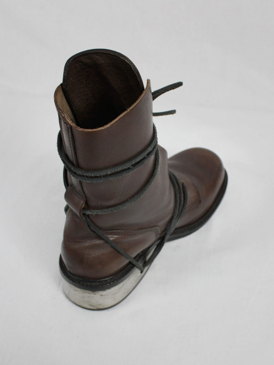 vaniitas vintage Dirk Bikkembergs brown tall boots with laces through the metal heel mid 1990S 90s 7660