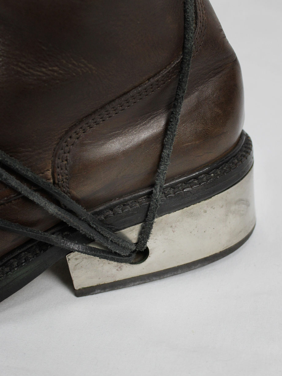 vaniitas vintage Dirk Bikkembergs brown tall boots with laces through the metal heel mid 1990S 90s 7676