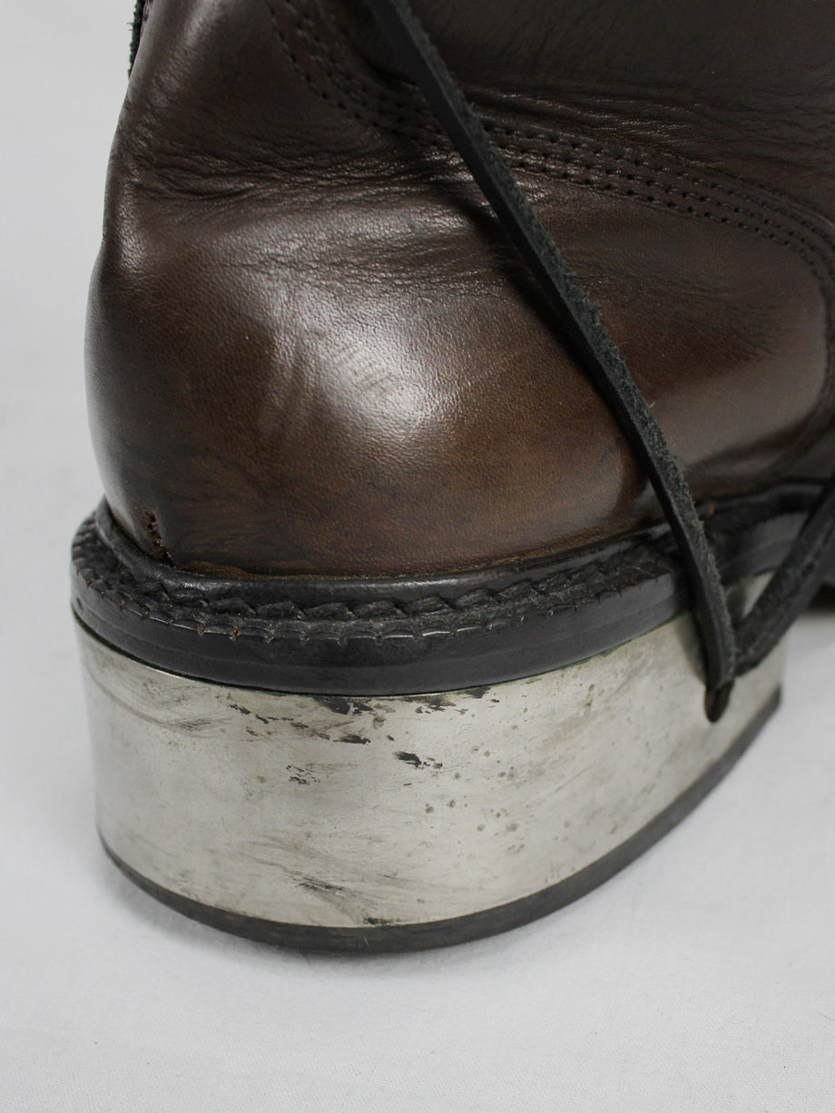 vaniitas vintage Dirk Bikkembergs brown tall boots with laces through the metal heel mid 1990S 90s 7678