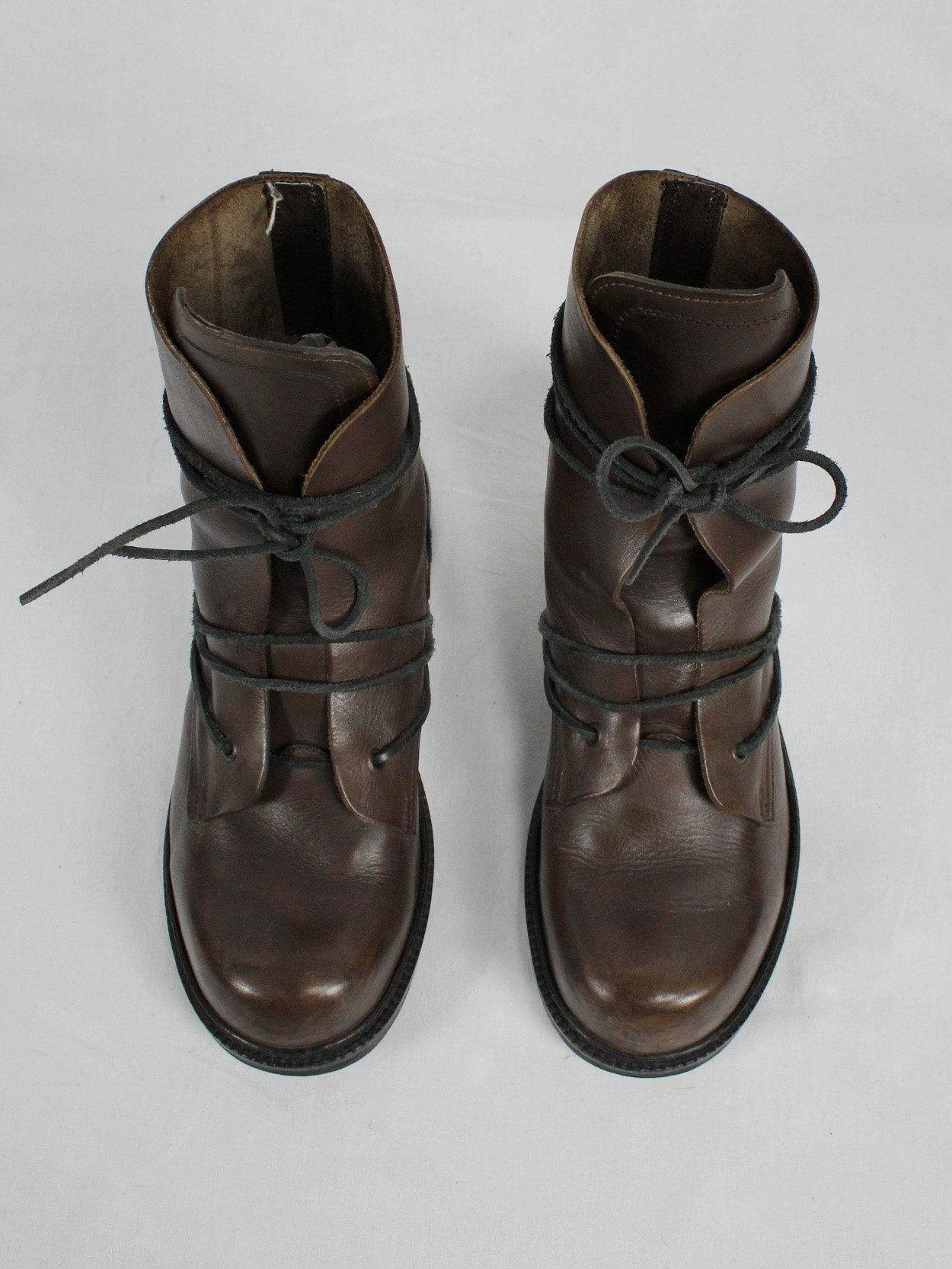 vaniitas vintage Dirk Bikkembergs brown tall boots with laces through the metal heel mid 1990S 90s 7683