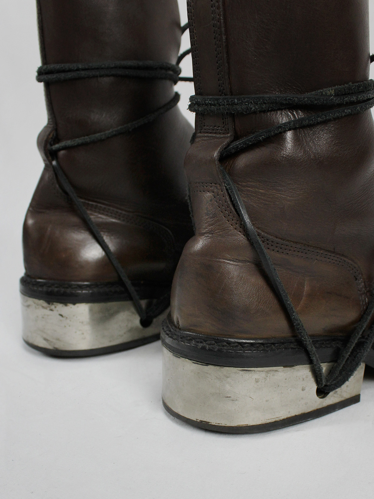 vaniitas vintage Dirk Bikkembergs brown tall boots with laces through the metal heel mid 1990S 90s 7704
