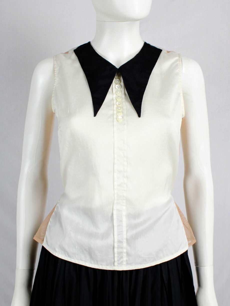 vaniitas vintage Dries Van Noten white top with black collar and nude mesh back 7001