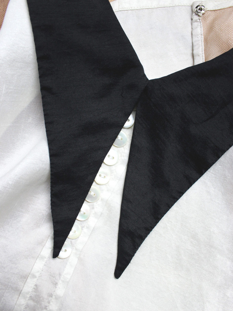 vaniitas vintage Dries Van Noten white top with black collar and nude mesh back 7096