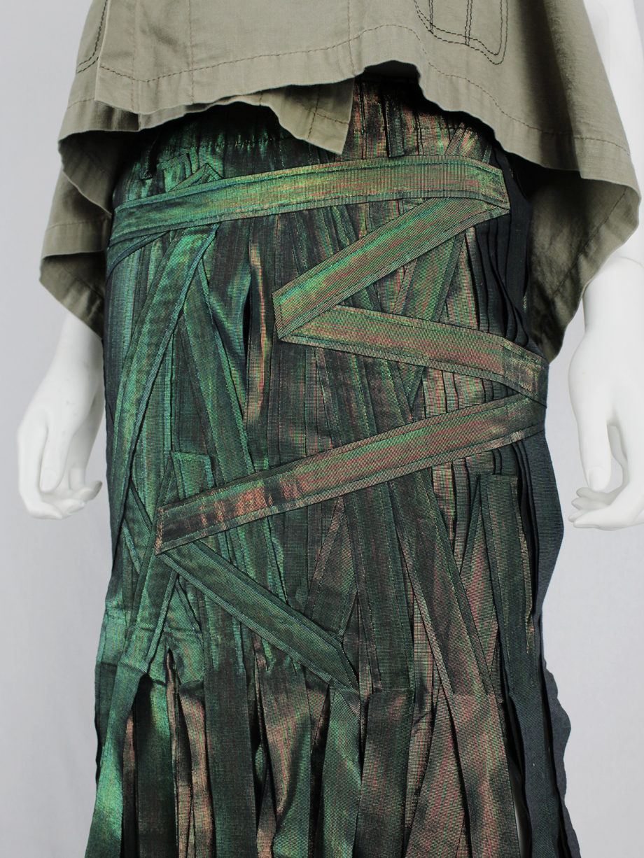 vaniitas vintage Issey Miyake holographic green skirt made of fabric strips fall 2002 0747