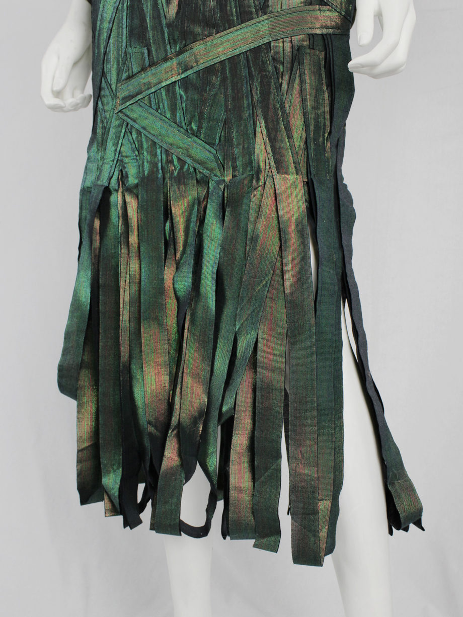 vaniitas vintage Issey Miyake holographic green skirt made of fabric strips fall 2002 0755