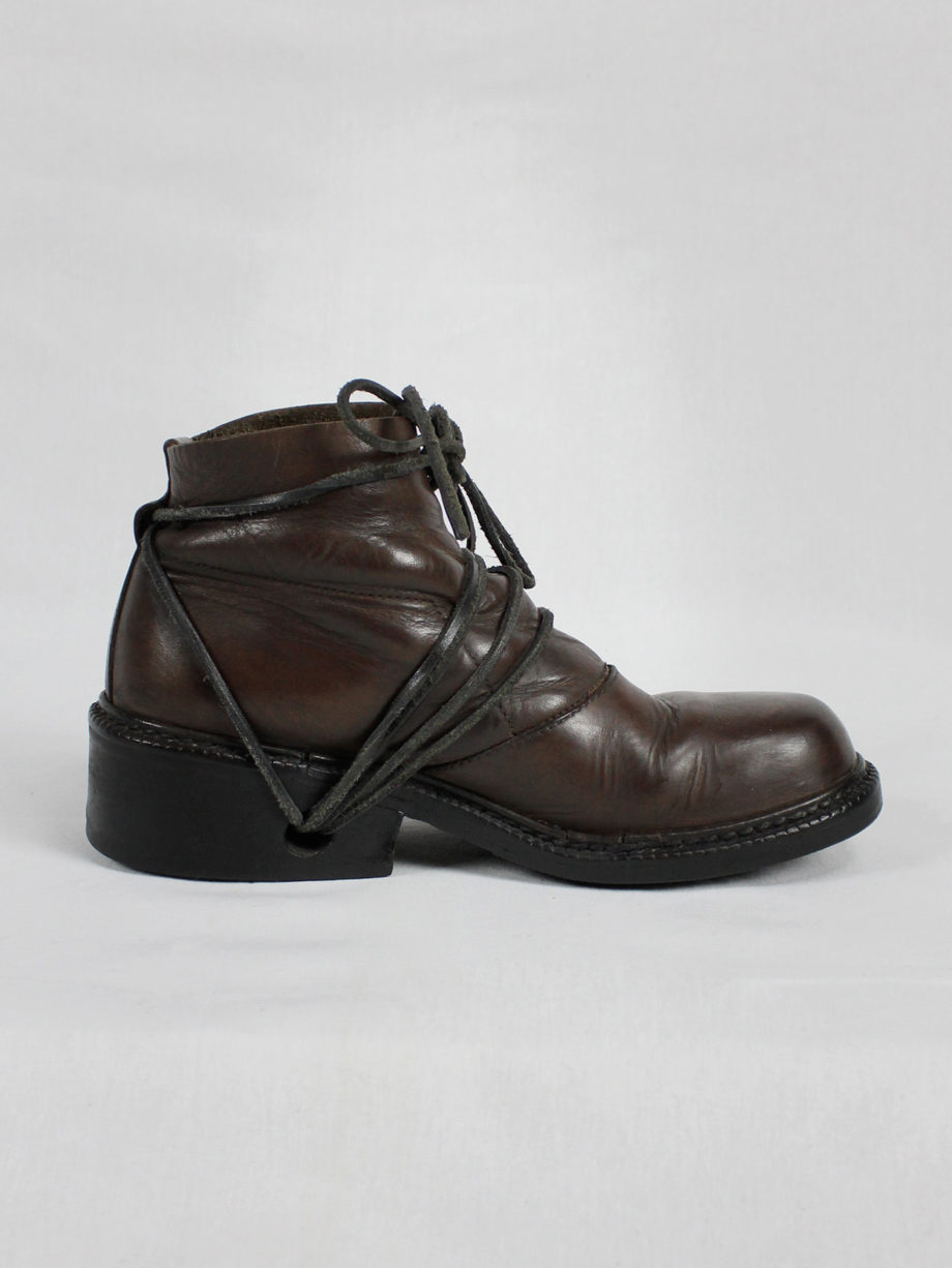 Dirk Bikkembergs brown boots with flap and laces through the soles (46) — fall 1994