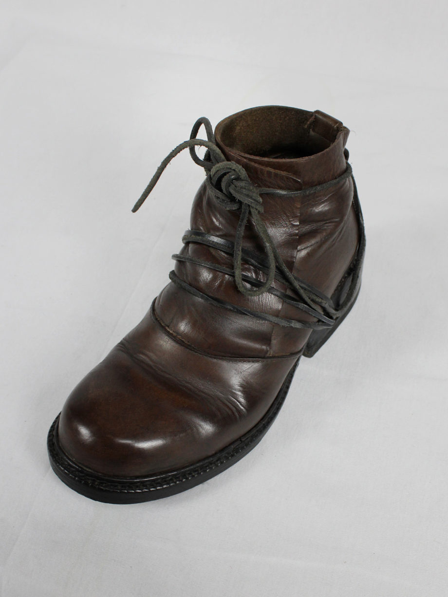 Dirk Bikkembergs brown boots with flap and laces through the soles (50) — fall 1994
