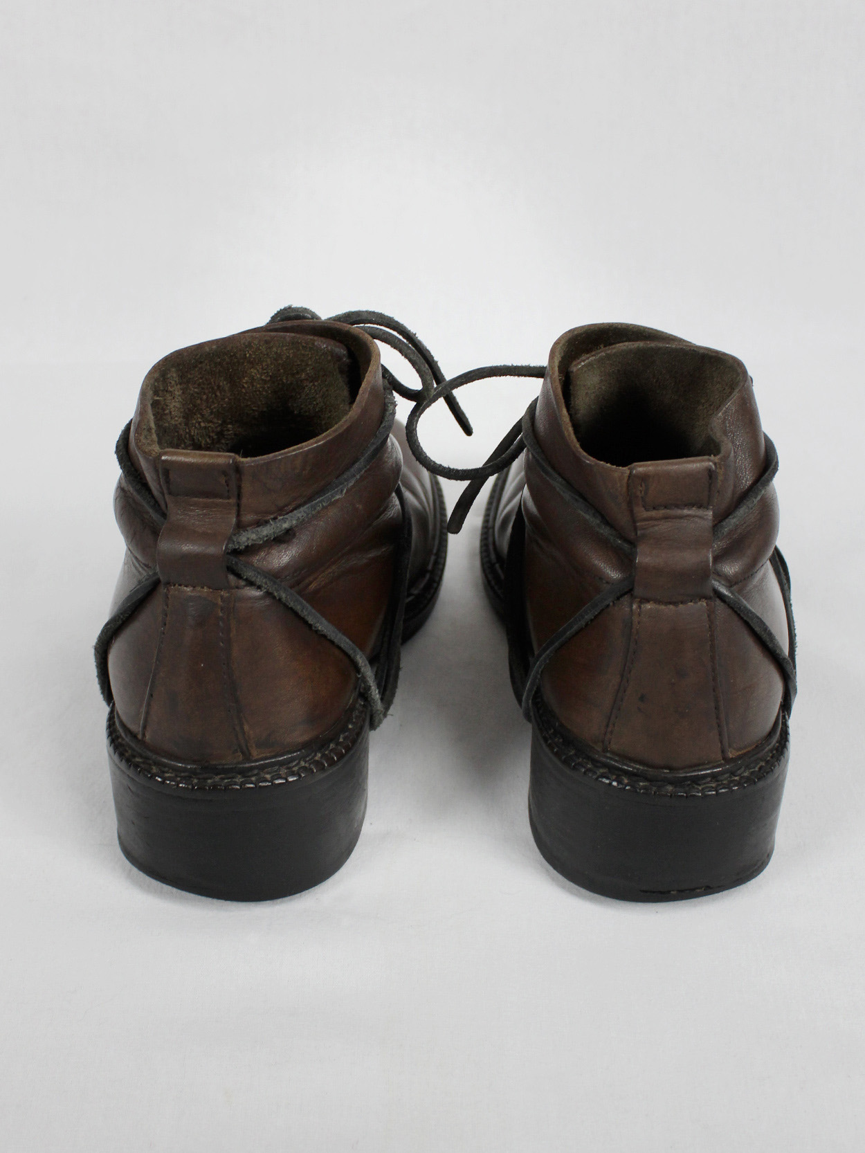 Dirk Bikkembergs brown boots with flap and laces through the soles (59) — fall 1994