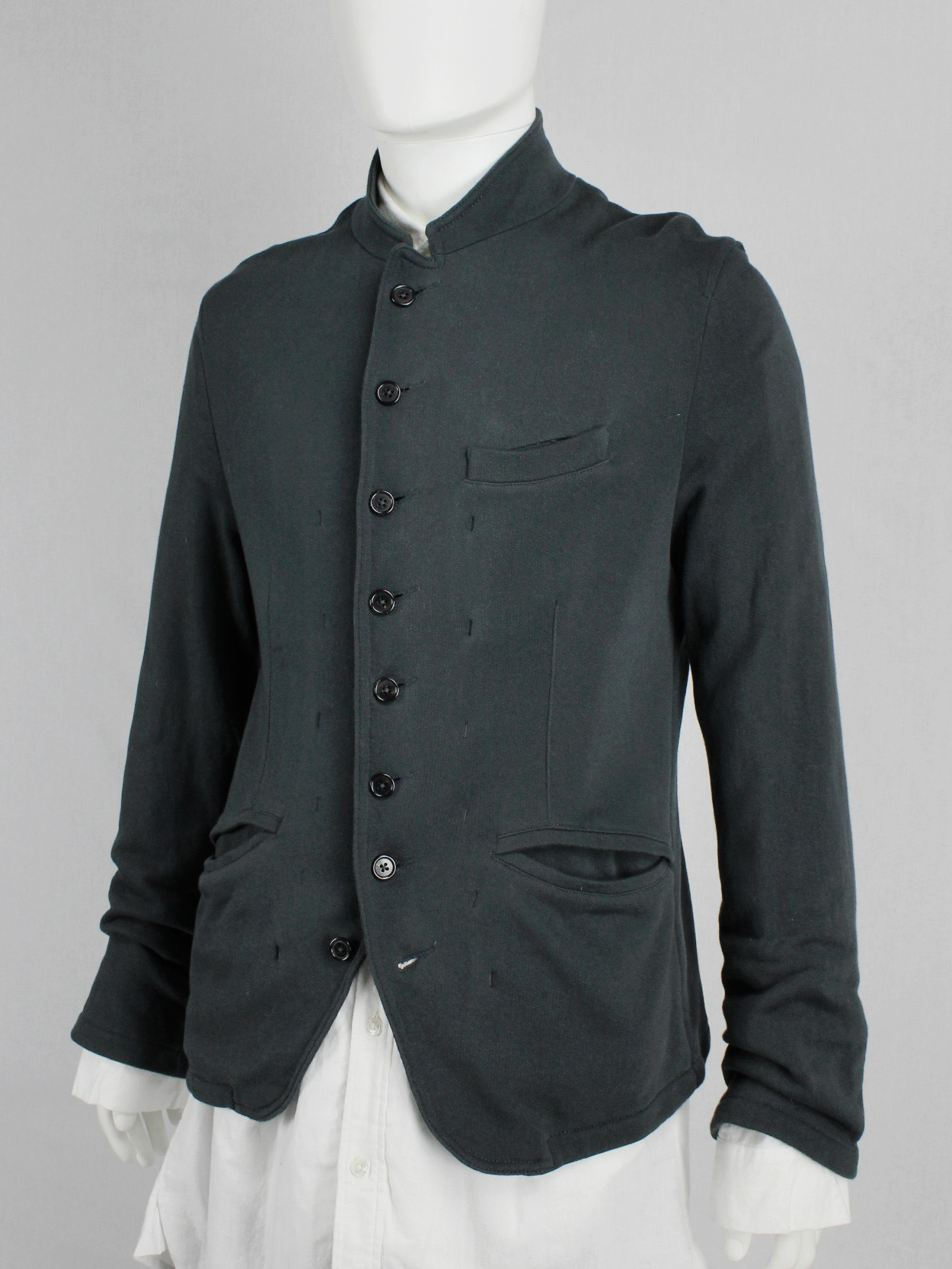 vaniitas Ann Demeulemeester dark green woven blazer with multiple buttons (5)