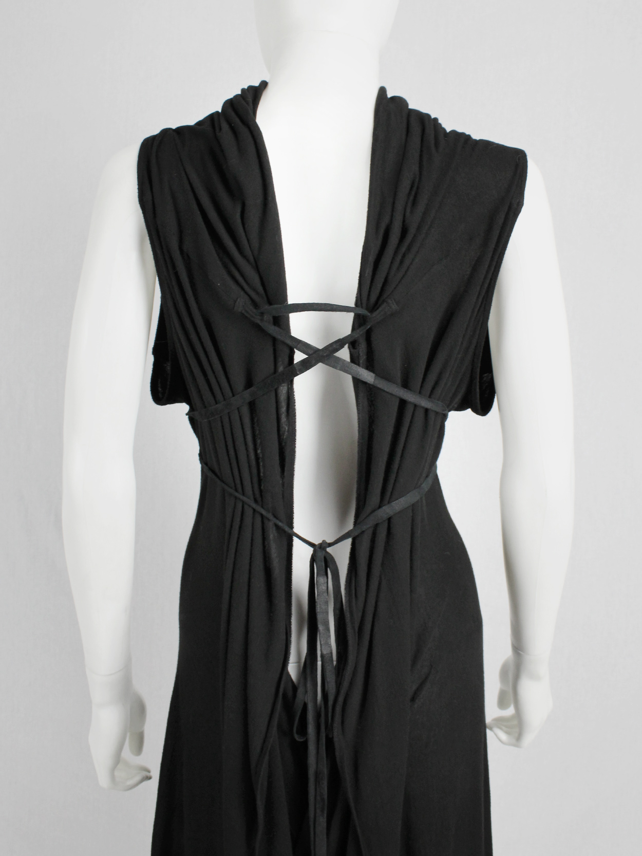 Ann Demeulemeester black grecian dress with open back and leather ...