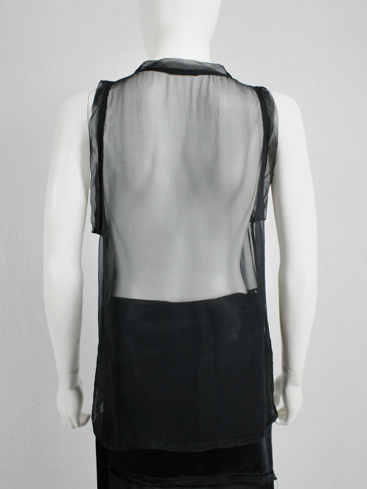 vaniitas vintage Ann Demeulemeester black sheer top with leather ‘life’ appliqué runway spring 2003 (7)