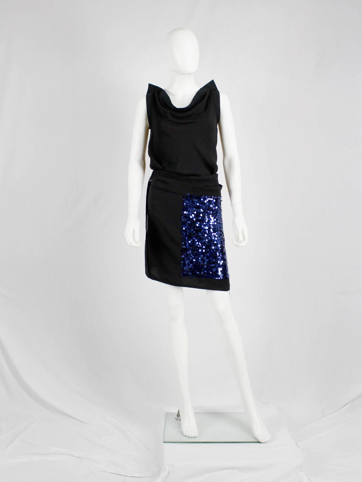 Ann Demeulemeester black wrap skirt with blue sequinned panel 1990s (2)