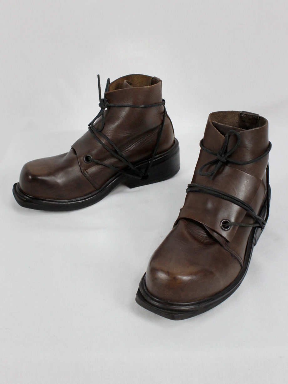 Dirk Bikkembergs brown mountaineering boots with laces through the soles 90s 1990s (1)