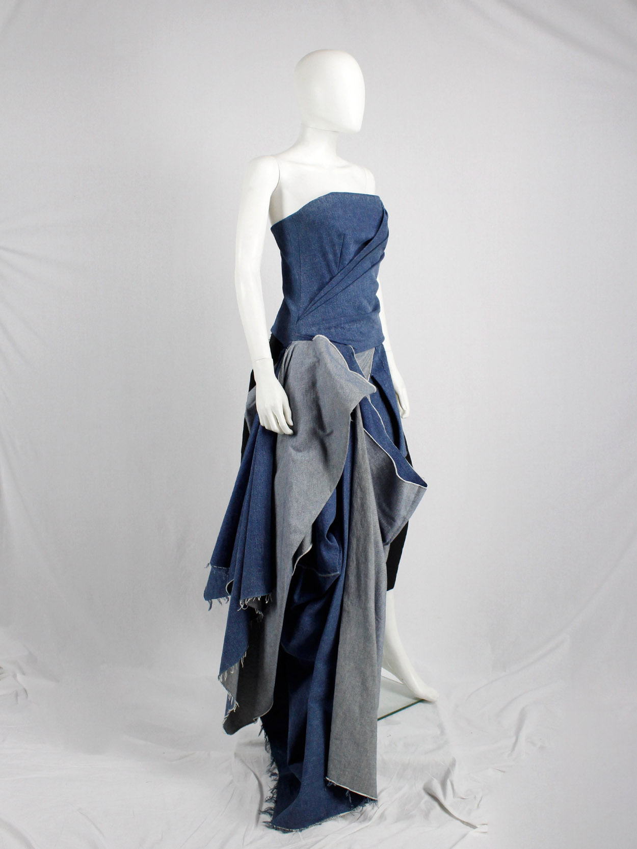 A.F. Vandevorst blue denim bustier with heavy floor-length side drape ...
