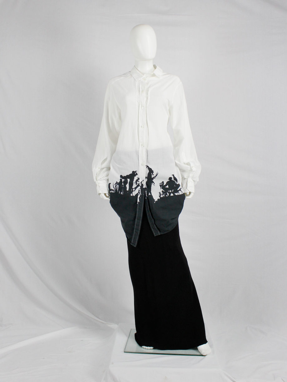 Ann Demeulemeester white draped asymmetric shirt with straps and forest print fall 2007 (2)