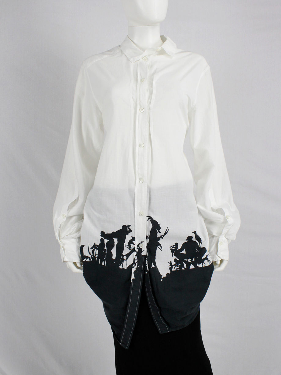 Ann Demeulemeester white draped asymmetric shirt with straps and forest print fall 2007 (3)