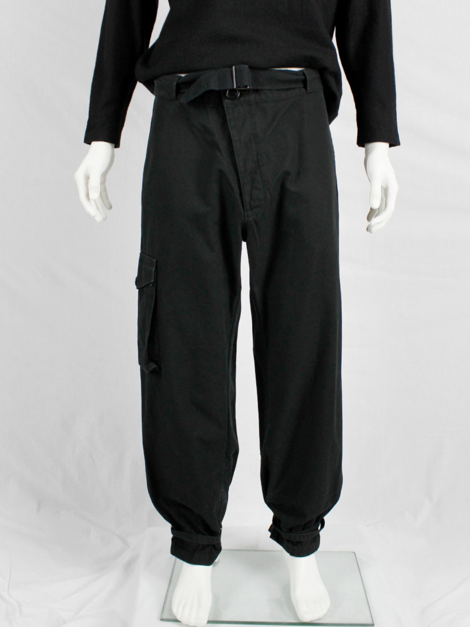 Bernhard Willhelm black harem trousers with belted legs and asymmetric closure (1)