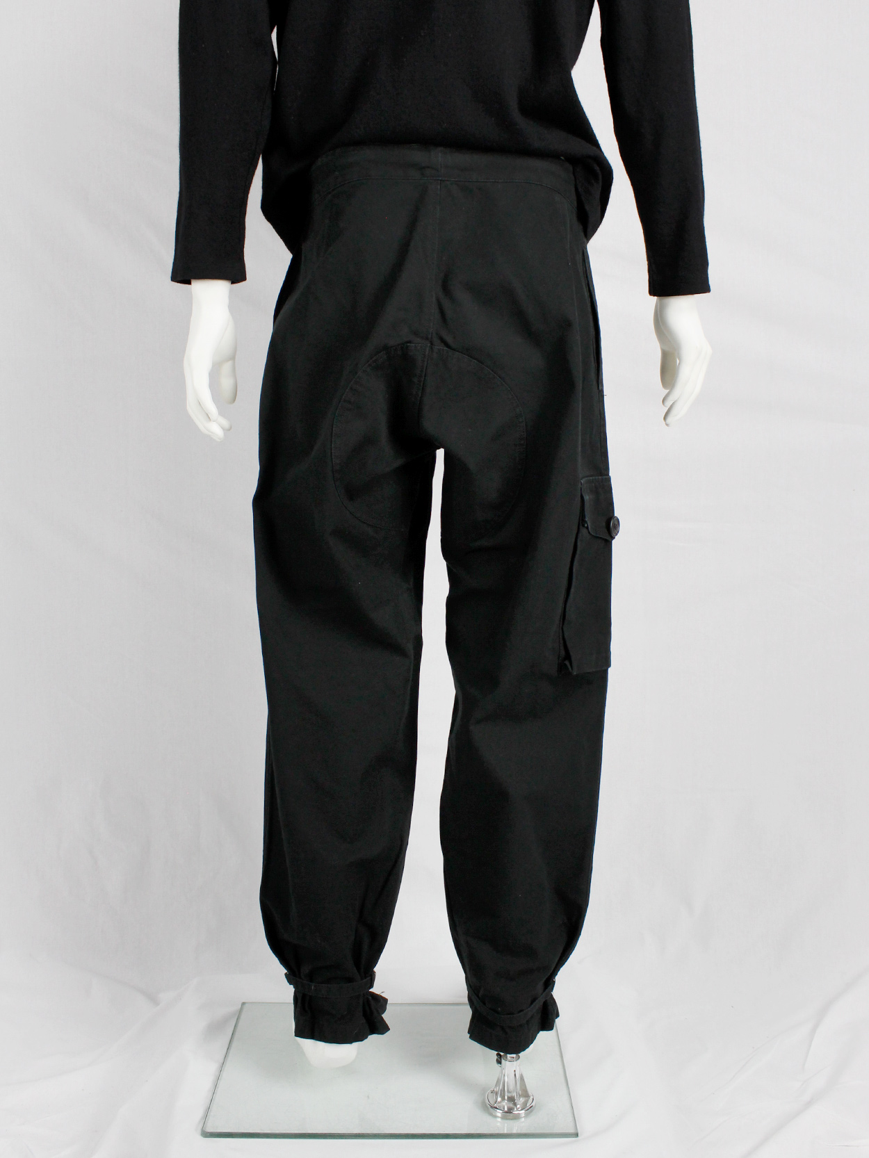 Bernhard Willhelm black harem trousers with belted legs and asymmetric ...