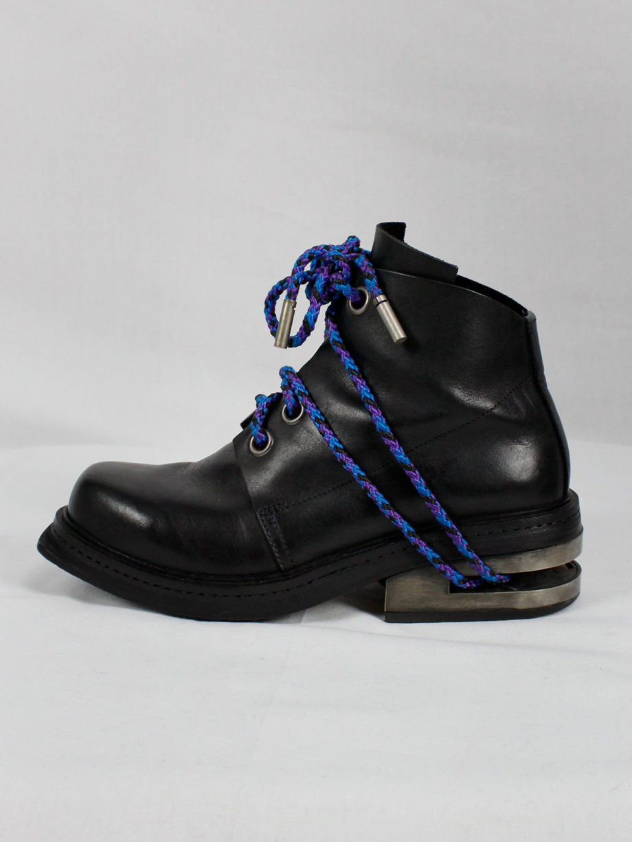 Dirk Bikkembergs black ankle boots with metal slit heel and purple cord fall 1994 (15)