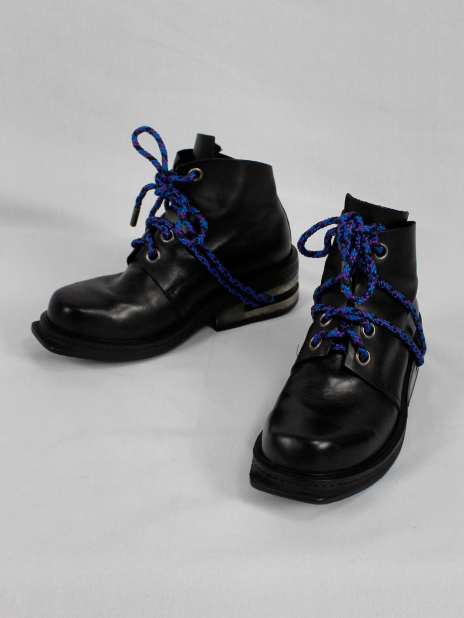 Dirk Bikkembergs black ankle boots with metal slit heel and purple cord fall 1994 (2)
