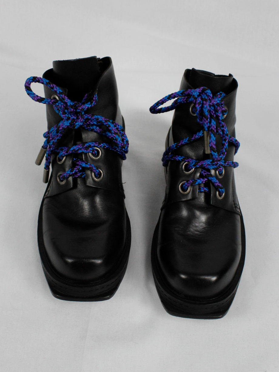 Dirk Bikkembergs black ankle boots with metal slit heel and purple cord fall 1994 (3)