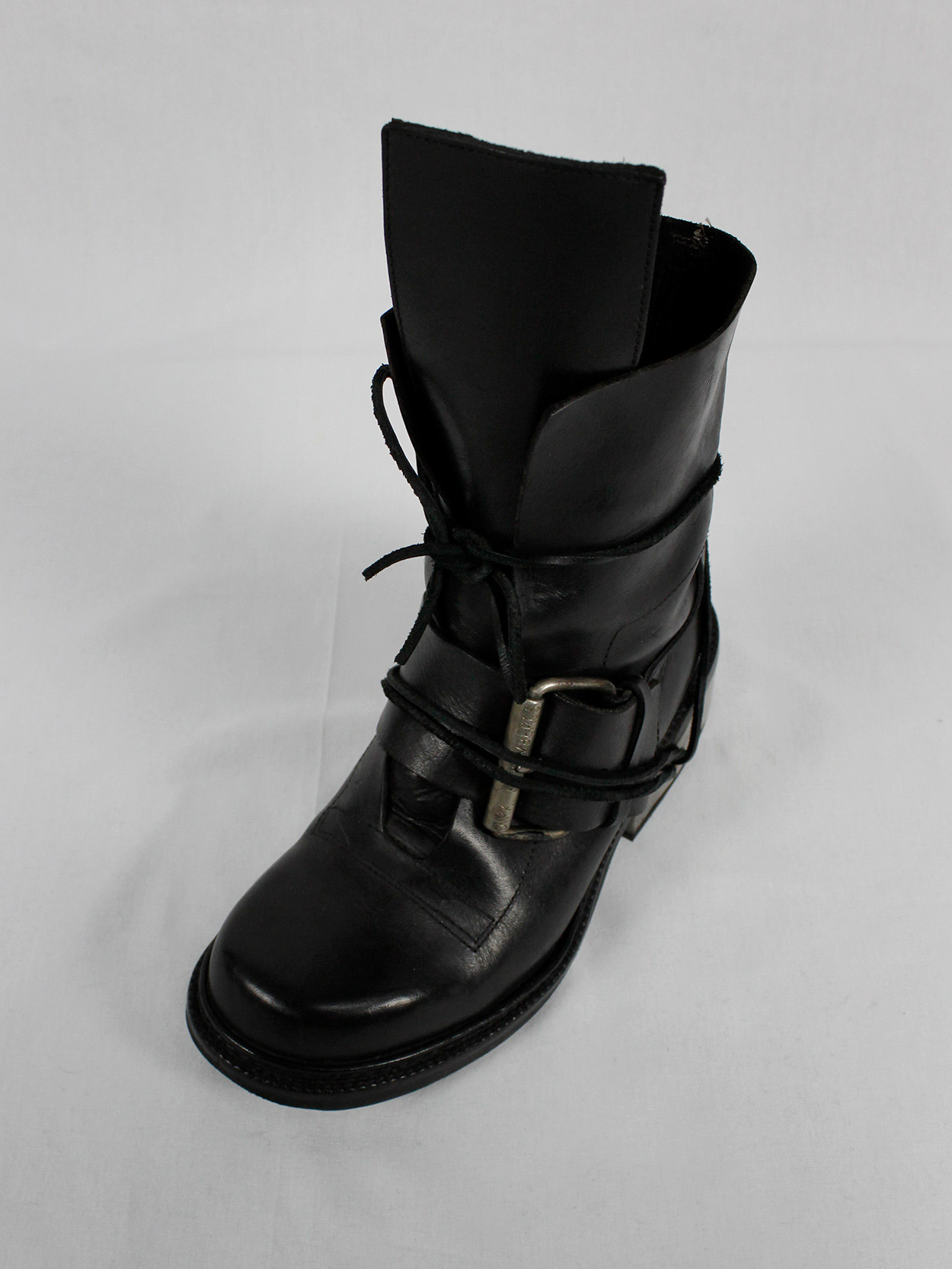 Dirk Bikkembergs black tall boots with belt and laces through the metal heel 1990s 90s (1)