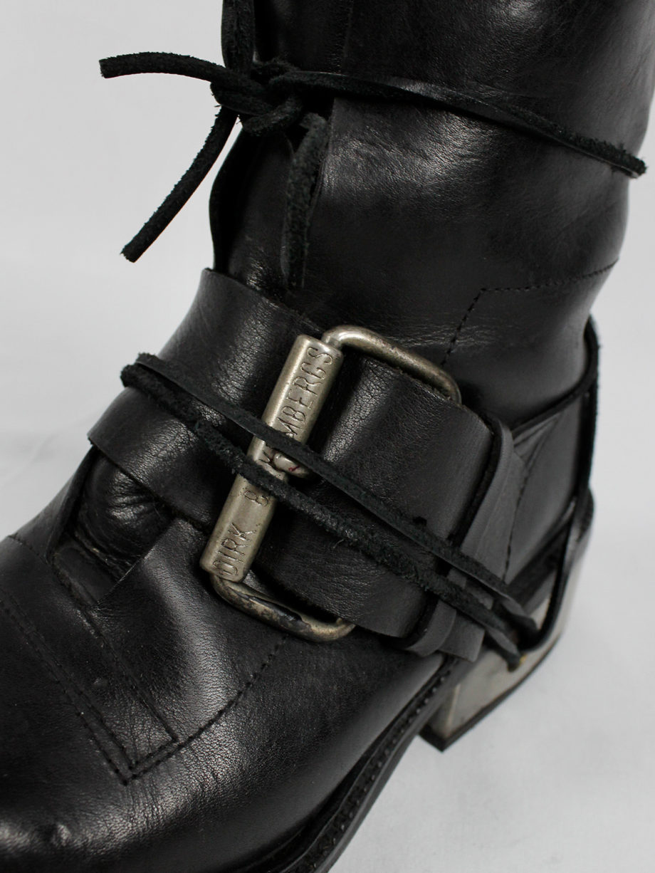 Dirk Bikkembergs black tall boots with belt and laces through the metal heel 1990s 90s (3)