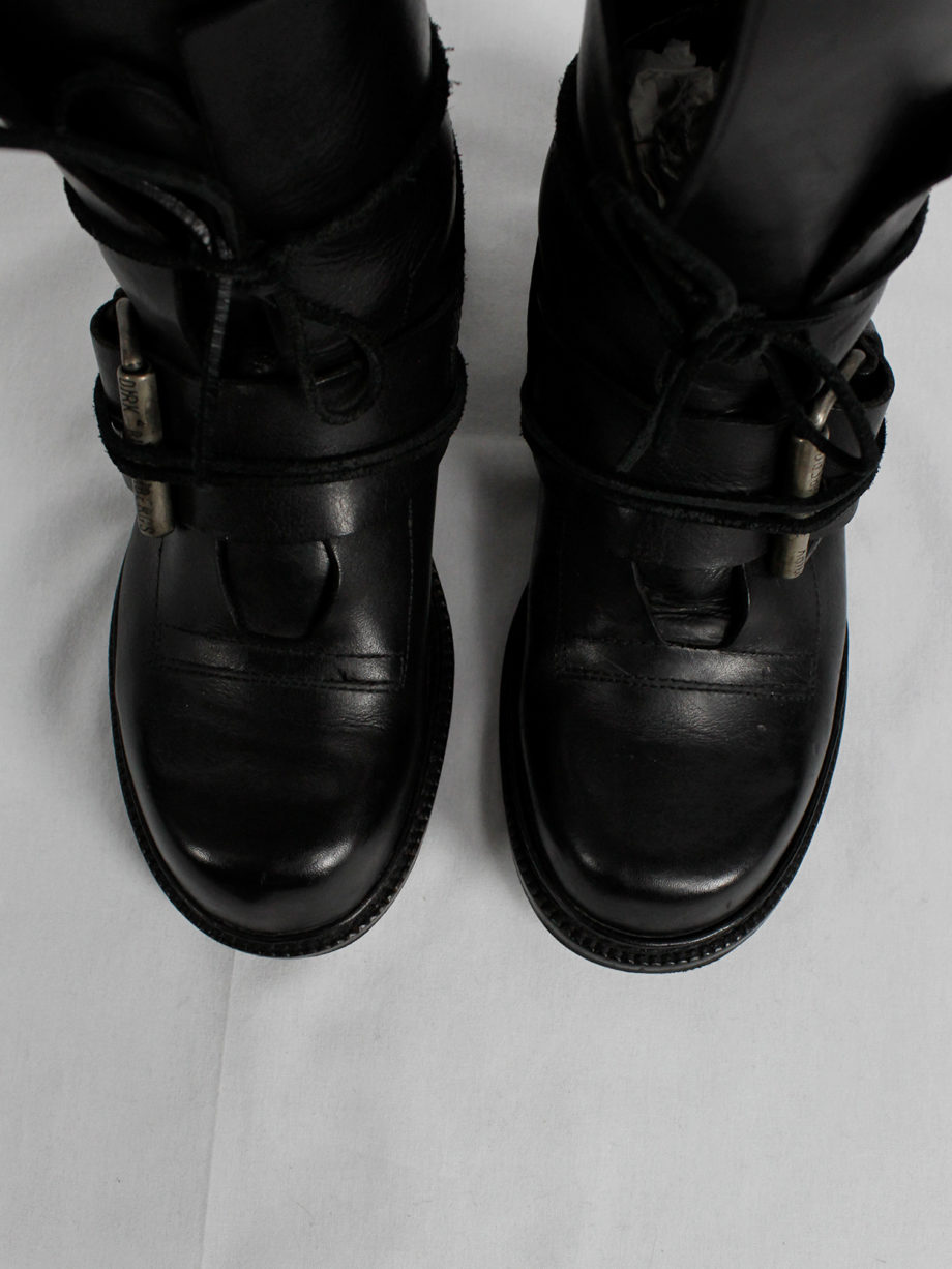 Dirk Bikkembergs black tall boots with belt and laces through the metal heel 1990s 90s (4)